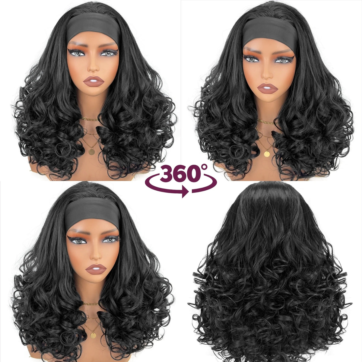 Women's Curly Headband Wig, Natural Black, Synthetic Fiber Headband Wig, Long Curly Wig, Comes with Headband, Non-Lace Front Wig