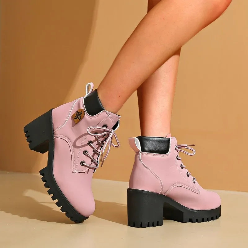 platform winter new Women Heels Boots High Quality Lace-up Fashion Designer Shoes Casual Comfortable Heels Boots Shoes for Women