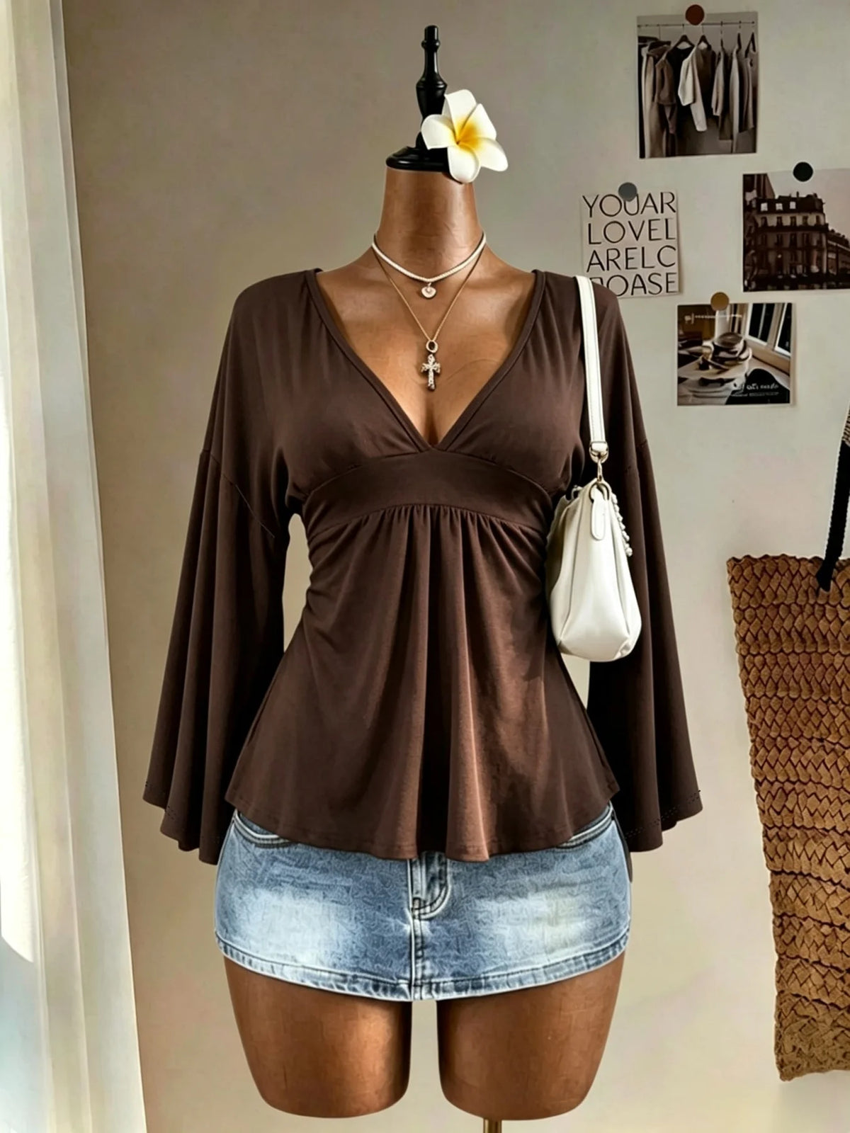 Women Deep V Neck Bell Sleeve Blouse Empire Waist Ruched Peplum Top Loose Fit Casual Flowy Shirt Daily Outfit