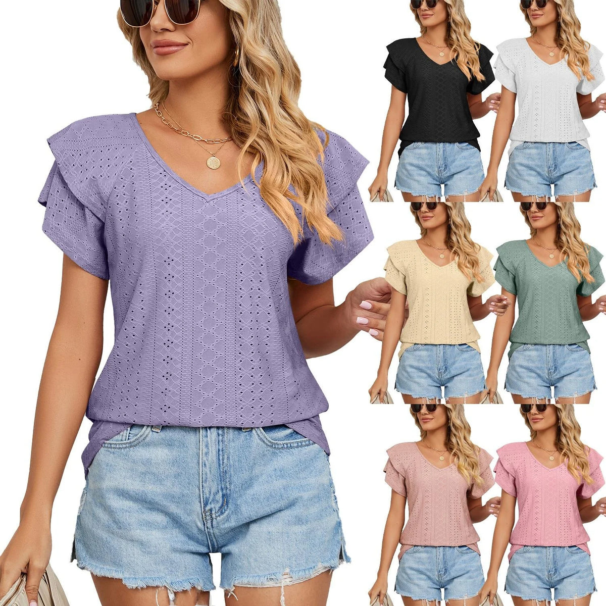 Loose Women's Short Sleeve T-Shirt V-Neck Pure Color Double Layer Sleeve Spring Summer New Style Casual Comfortable Top