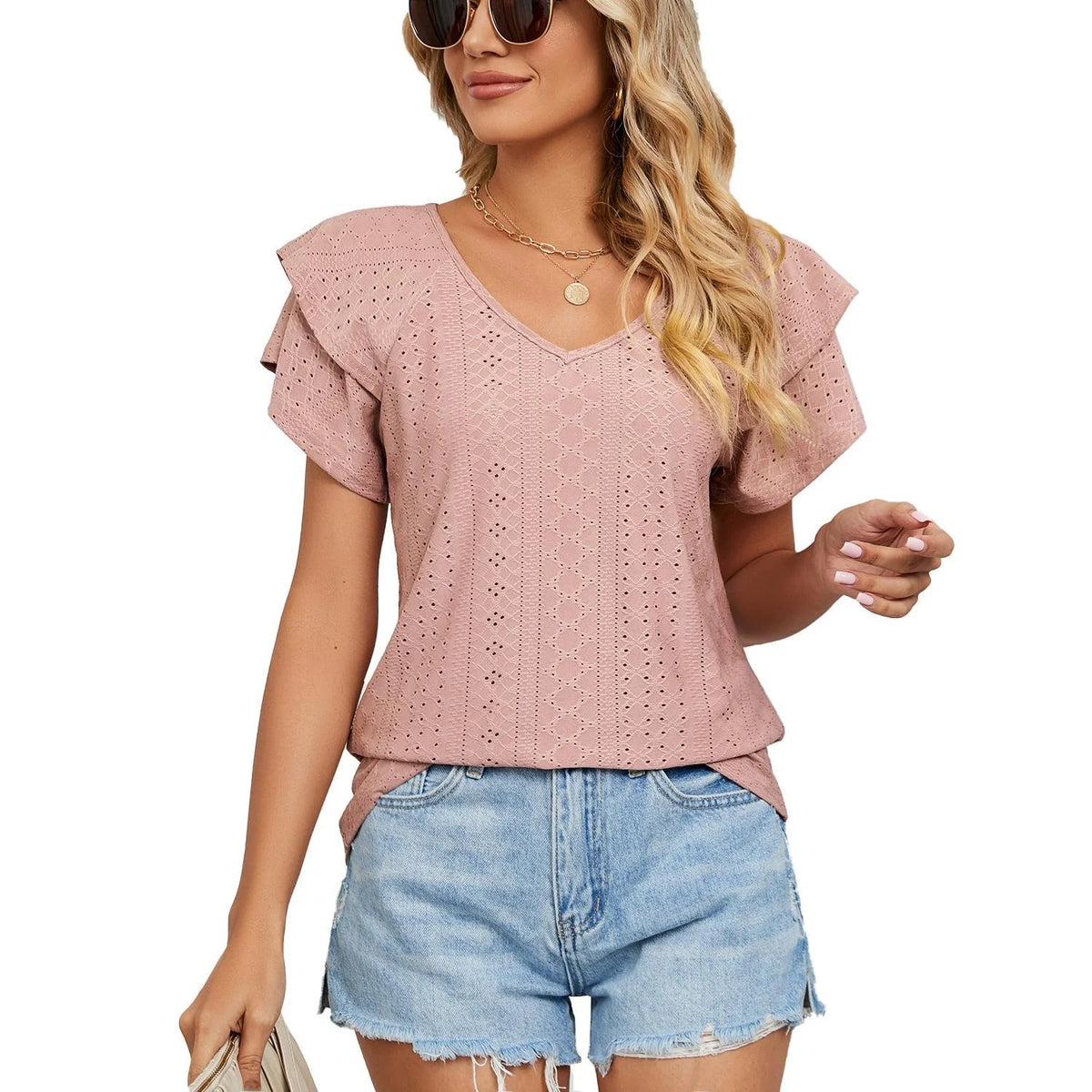Loose Women's Short Sleeve T-Shirt V-Neck Pure Color Double Layer Sleeve Spring Summer New Style Casual Comfortable Top
