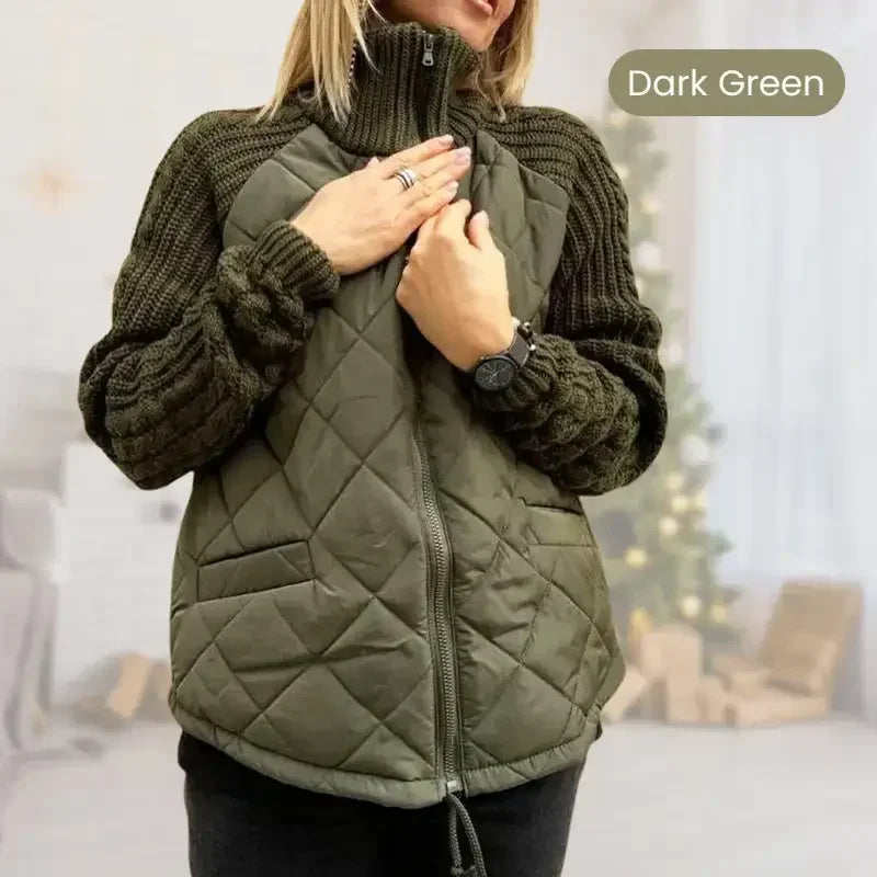Women Knit Patchwork Puffy Jacket Zipper Stand Collar Cardigan Coat Outwear Long Sleeved Cotton-padded Casual Solid Color Parkas
