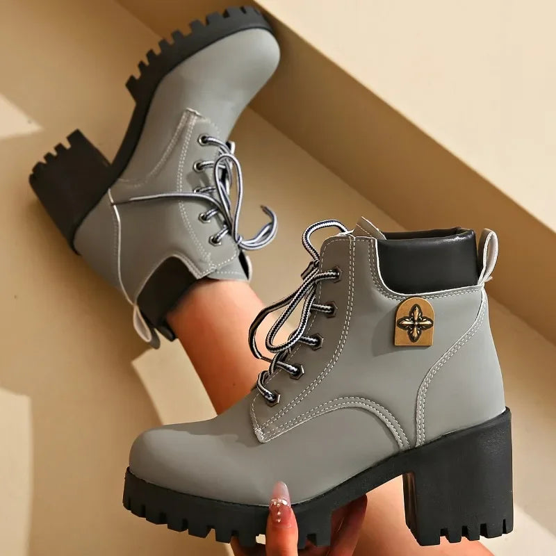 platform winter new Women Heels Boots High Quality Lace-up Fashion Designer Shoes Casual Comfortable Heels Boots Shoes for Women
