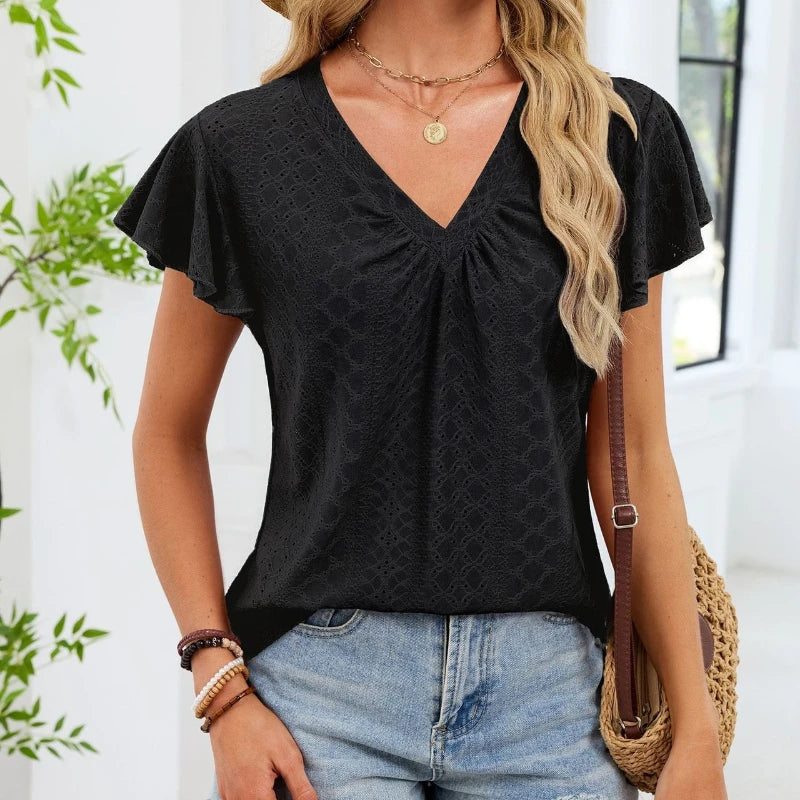 Elegant Eyelet Ruffle-Sleeve V-Neck Blouse
