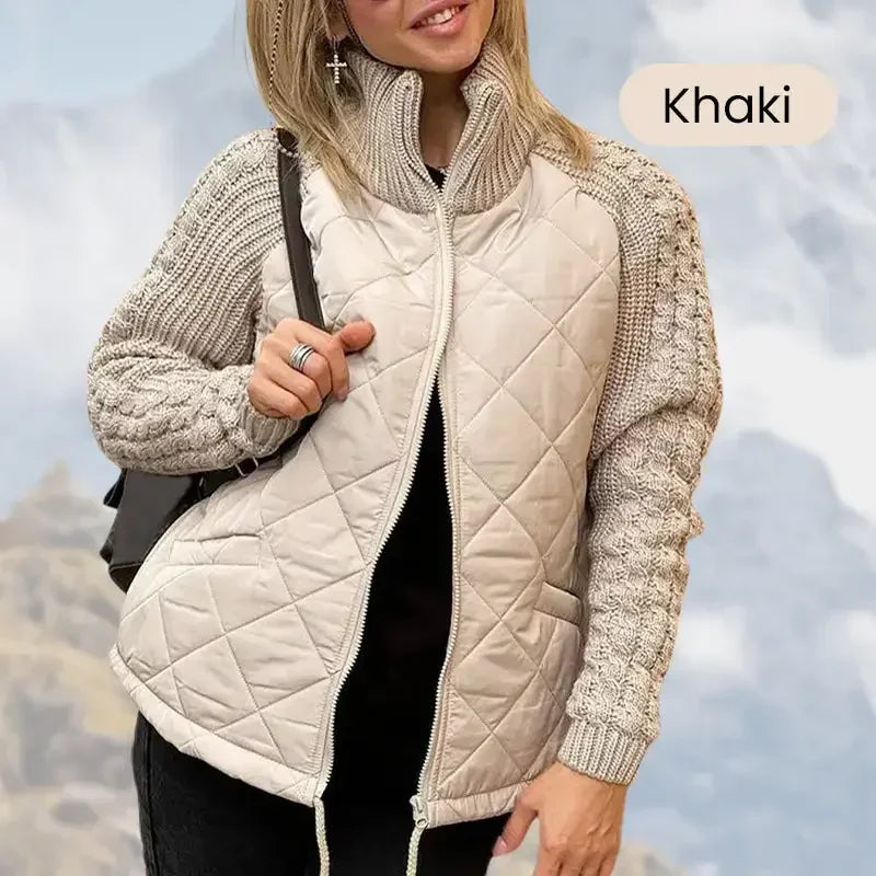 Women Knit Patchwork Puffy Jacket Zipper Stand Collar Cardigan Coat Outwear Long Sleeved Cotton-padded Casual Solid Color Parkas