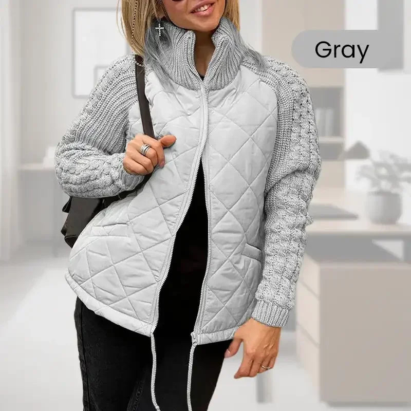 Women Knit Patchwork Puffy Jacket Zipper Stand Collar Cardigan Coat Outwear Long Sleeved Cotton-padded Casual Solid Color Parkas