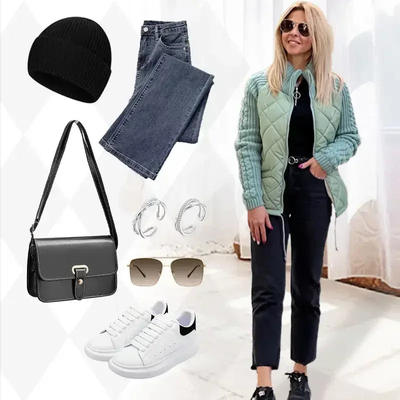 Women Knit Patchwork Puffy Jacket Zipper Stand Collar Cardigan Coat Outwear Long Sleeved Cotton-padded Casual Solid Color Parkas