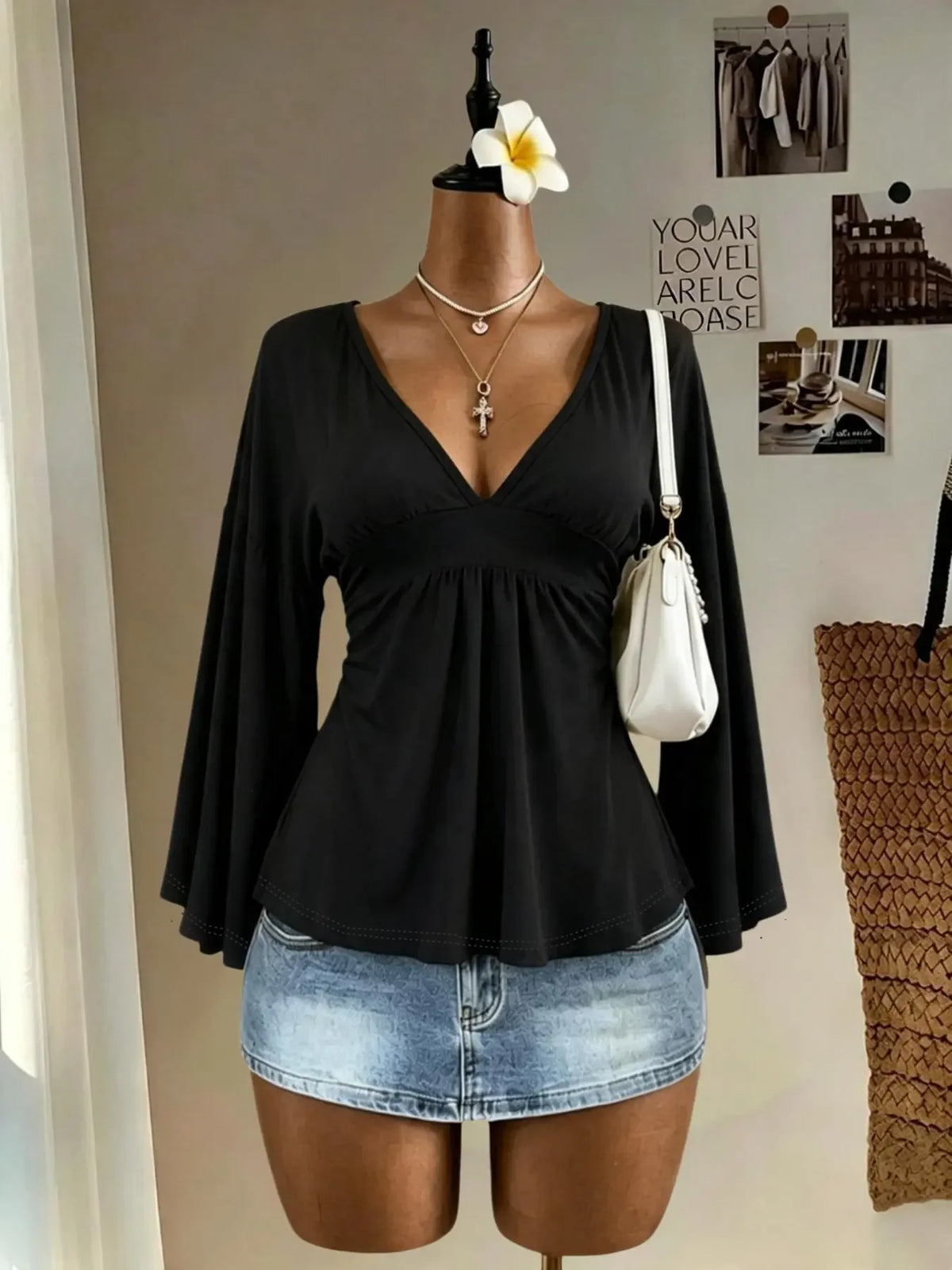 Women Deep V Neck Bell Sleeve Blouse Empire Waist Ruched Peplum Top Loose Fit Casual Flowy Shirt Daily Outfit