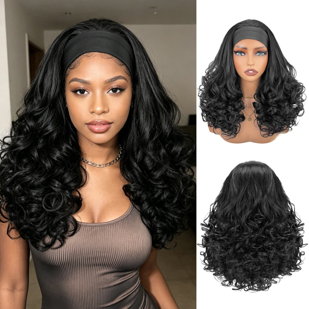 Women's Curly Headband Wig, Natural Black, Synthetic Fiber Headband Wig, Long Curly Wig, Comes with Headband, Non-Lace Front Wig
