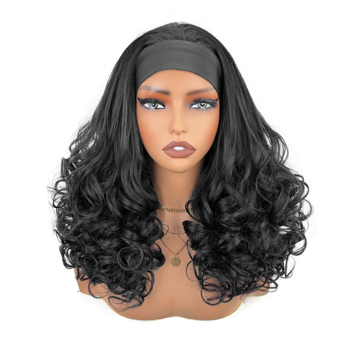 Women's Curly Headband Wig, Natural Black, Synthetic Fiber Headband Wig, Long Curly Wig, Comes with Headband, Non-Lace Front Wig