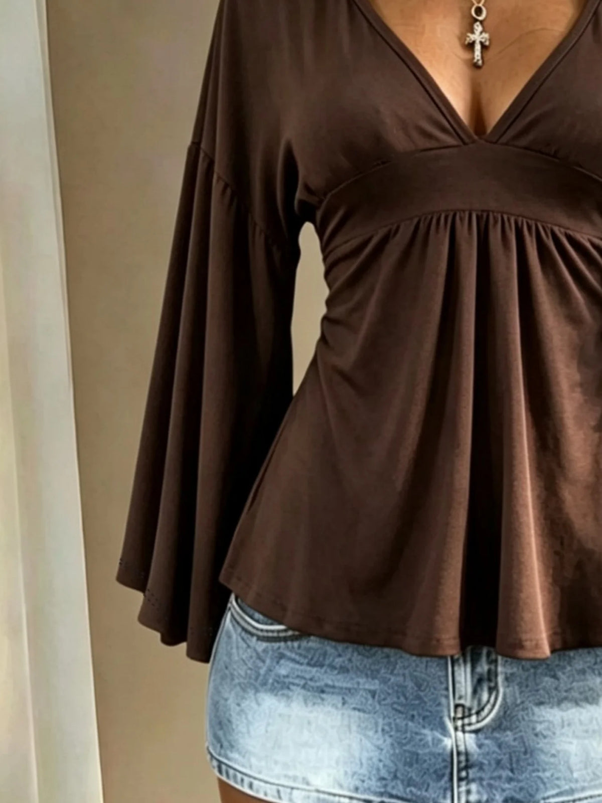 Women Deep V Neck Bell Sleeve Blouse Empire Waist Ruched Peplum Top Loose Fit Casual Flowy Shirt Daily Outfit