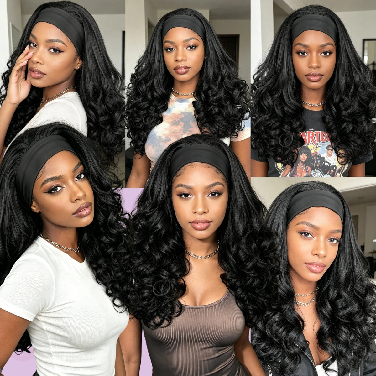 Women's Curly Headband Wig, Natural Black, Synthetic Fiber Headband Wig, Long Curly Wig, Comes with Headband, Non-Lace Front Wig