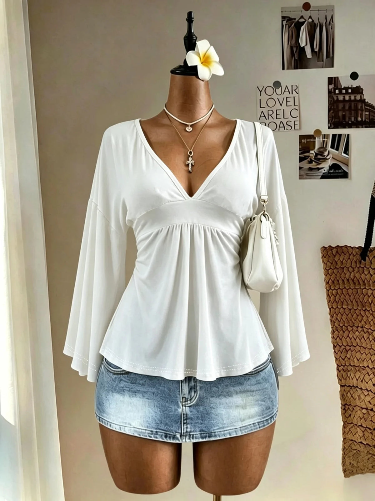 Women Deep V Neck Bell Sleeve Blouse Empire Waist Ruched Peplum Top Loose Fit Casual Flowy Shirt Daily Outfit