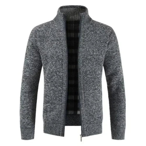 Men’s Burgundy Full-Zip Knit Cardigan with Plaid Trim | BLOOMYX