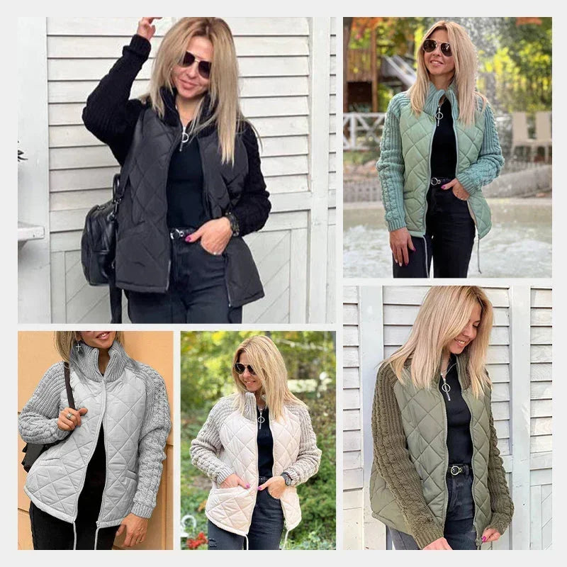 Women Knit Patchwork Puffy Jacket Zipper Stand Collar Cardigan Coat Outwear Long Sleeved Cotton-padded Casual Solid Color Parkas